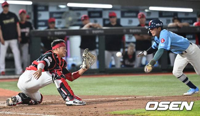 [OSEN=부산, 이석우 기자] 7일 부산 사직야구장에서 2025 신한 SOL 뱅크 KBO 리그 롯데 자이언츠와 KIA 타이거즈의 경기가 열렸다. 홈팀 롯데는 이민석이, 방문팀 KIA는 양현종이 선발 출전했다.KIA 타이거즈 김태군이 8회말 1사 3루 롯데 자이언츠 유강남의 우익수 플라이 아웃때 홈으로 쇄도하는 장두성을 태그 아웃시키고 있다. 2025.08.07 / foto0307@osen.co.kr