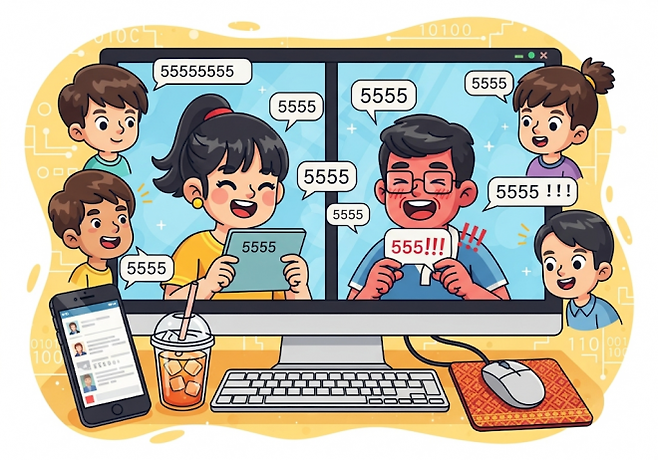 태국의 온라인 채팅 공간을 인공지능(AI)으로 표현한 이미지. 태국어로 숫자 ‘5’는 ‘하’ 발음이라 웃음 표현으로 사용된다.