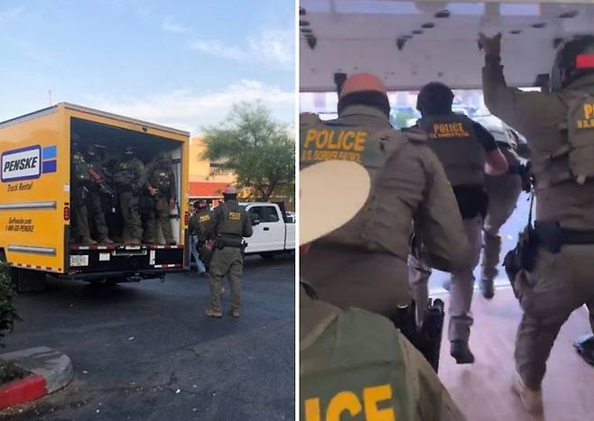 지난 6일(현지시간) 미국 국토안보부 산하 국경순찰대가 불법 이민자 단속을 위해 로스앤젤레스(LA) 시내의 한 소매 체인업체 매장을 급습하는 '트로이 목마' 작전을 펼쳤다. 사진=엑스 캡처