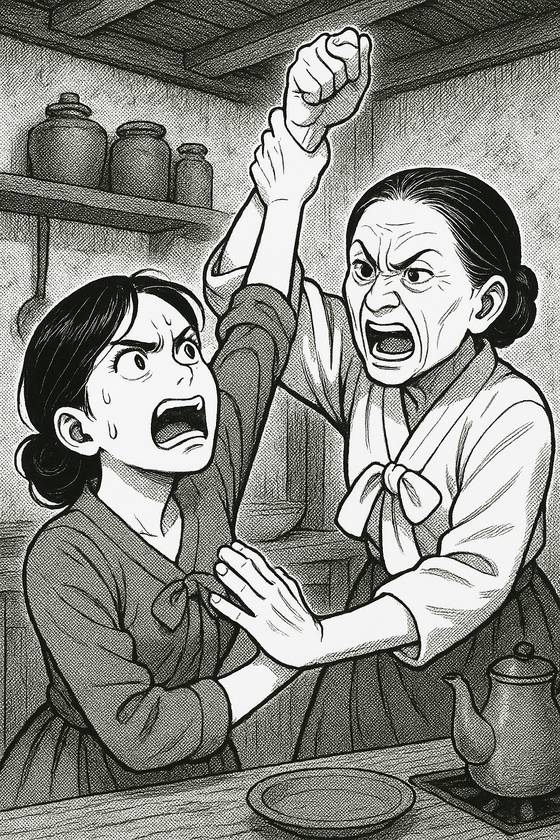 문정숙 어린 시절 시어머니에게 구박받는 모습. 챗GPT 생성 이미지