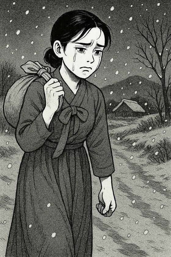 문정숙이 어린 시절 시댁을 나와 홀로 떠나는 모습. 챗GPT 생성 이미지