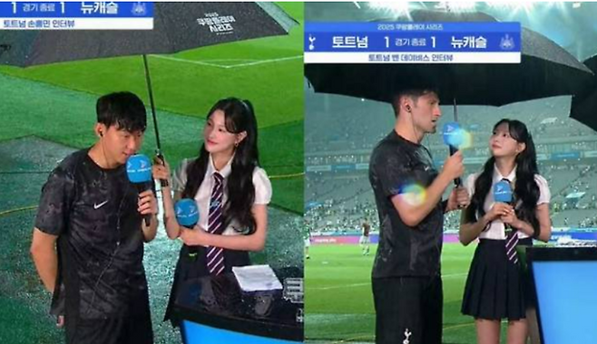 손흥민(왼쪽)이 지난 3일 서울월드컵경기장에서 토트넘-뉴캐슬 전이 끝난 후 걸그룹 에이핑크 오하영과 인터뷰를 하는 모습. 오른쪽은 토트넘 벤 데이비스 선수가 경기를 마친 소감을 밝히는 모습이다. 온라인 커뮤니티 캡처.