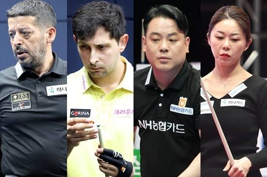 종반으로 향하는 NH농협카드배PBA-LPBA챔피언십에서 강력한 우승후보 (왼쪽부터)초클루, 마르티네스, 조재호, 김가영이 7일 한꺼번에 탈락하면서 우승판도가 요동치고 있다. (사진=PBA)