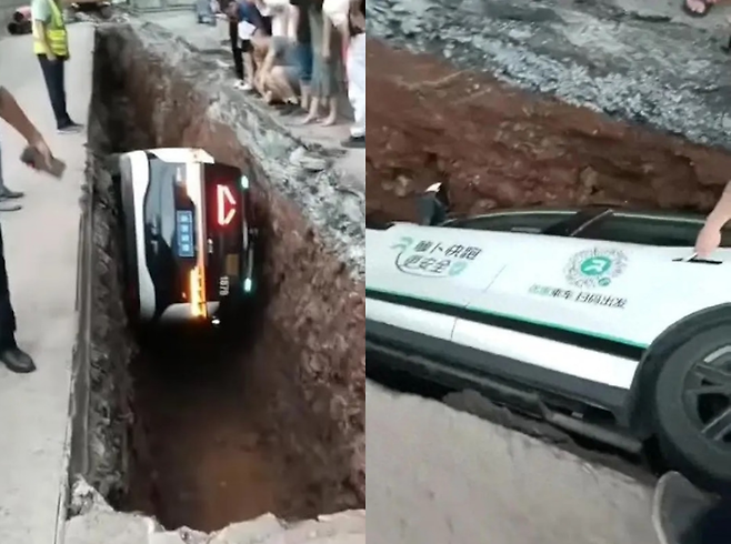 중국 IT기업 바이두가 운영하는 무인 자율주행 택시 ‘뤄보콰이파오(萝卜快跑)’가 운행 중 도로 공사 구역에 추락했다. [사진 = 웨이보]