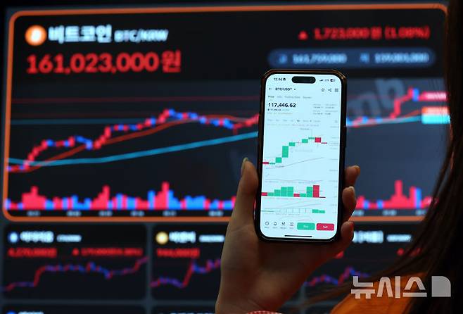 [서울=뉴시스] 도널드 트럼프 대통령이 미국의 대표적인 개인 퇴직연금 제도 401(k) 운용 시, 주식이나 채권 등 기존 자산 외에 암호화폐, 사모펀드 등에 대한 투자도 허용하는 내용의 행정명령에 서명하자, 암호화폐 시장이 강세를 보이고 있다. 사진은 서울 강남구 빗썸라운지에 전광판에 비트코인 등 가상화폐 시세가 나오고 있는 모습. 2025.08.08.