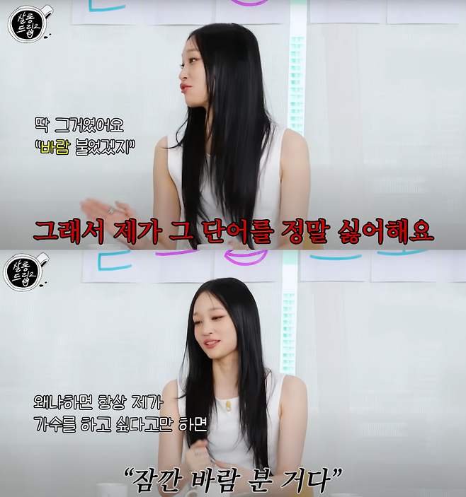 신세계 정유경 회장의 장녀로 잘 알려진 혼성그룹 올데이 프로젝트의 애니(문서윤)가 유튜브 채널에서 아이돌 데뷔 과정에 대해 이야기하고 있다. =유튜브 '살롱드립2' 갈무리