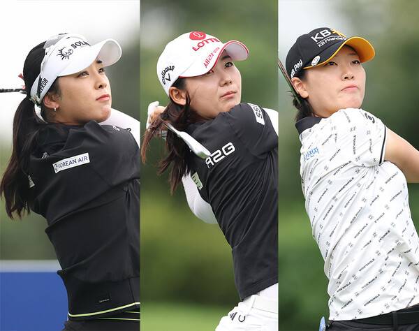 2025년 한국여자프로골프(KLPGA) 투어 제12회 제주삼다수 마스터스에 출전한 윤이나, 황유민, 방신실 프로가 2라운드에서 경기하는 모습이다. 사진제공=KLPGA