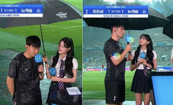 손흥민 선수가 3일 서울월드컵경기장에서 토트넘과 뉴캐슬의 경기가 끝난 뒤 인터뷰를 하고 있다. 토트넘의 벤 데이비스 선수도 경기를 마친 소감을 밝히고 있다(오른쪽)  [사진=온라인 커뮤니티]