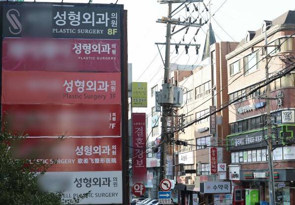 서울 강남구의 한 건물에 성형외과 간판이 줄지어 걸려 있다. 연합뉴스