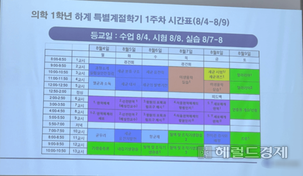 학교를 떠났던 의대생들의 복귀로 의대 수업이 재개된 상황속 한 의과대학의 8월 초 하계 특별계절학기 시간표. 오전 9시부터 오후 10시 50분까지 수업이 진행된다. [독자 제공]