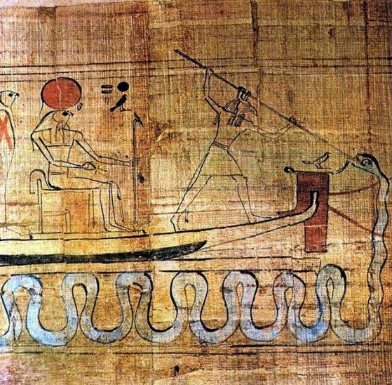 고대 이집트인들은 매일 밤 태양이 지는 순간, 태양신 ‘라’가 어둠의 괴물 ‘아페프’와 싸운다고 믿었다. 밤을 형상화한 어둠의 실체인 괴물 아페프와 태양신의 전투는 인간이 보지 못하는 사후세계의 강에서 벌어졌고, 라가 승리해야만 다음 날 아침 태양이 다시 떠오른다. 이집트인들은 라의 이름을 부르며, 매일 밤 태양이 다시 떠오를 수 있기를 기도했다. [온라인 커뮤니티 캡처]