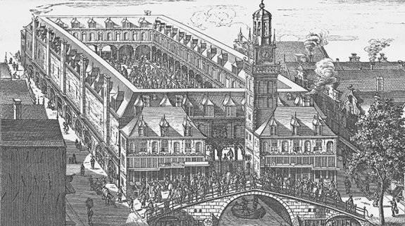 1608년에는 최초의 근대적 증권거래소인 암스테르담 증권거래소(Amsterdam Bourse)가 설립됐다. 그림은 암스테르담 증권거래소를 묘사한 판화. 위키피디아
