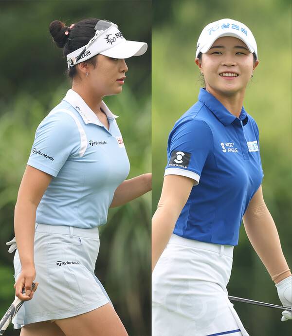 2025년 한국여자프로골프(KLPGA) 투어 제12회 제주삼다수 마스터스 우승 경쟁에 뛰어든 윤이나, 고지원 프로가 3라운드에서 경기하는 모습이다. 사진제공=KLPGA
