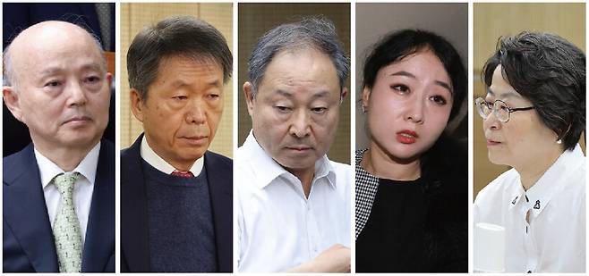 지난 7월7일 국가인권위원회 바로잡기 공동행동이 내란 특검에 내란 선동·선전 혐의 등으로 고발한 인권위원들. 지난 2월10일 윤석열 방어권 보장 안건에 찬성한 일로 비판받는 이들이다. 왼쪽부터 안창호 위원장, 김용원 상임위원, 한석훈·이한별·강정혜 위원. 김영원 기자 forever@hani.co.kr, 정용일 선임기자 yongil@hani.co.kr