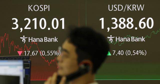 8일 서울 중구 하나은행 딜링룸 전광판에 지수가 표시되고 있다. 뉴시스