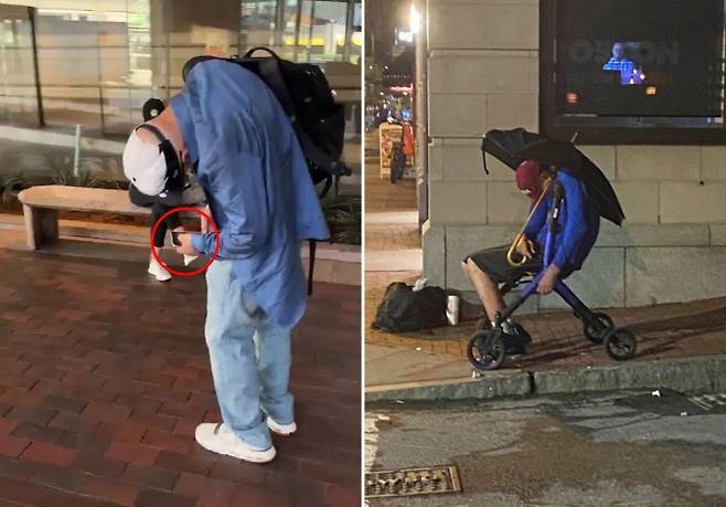 미국 매사추세츠주 보스턴의 한 명품 쇼핑몰(왼쪽)과 최고급 주택가 비콘힐(오른쪽)에서 마약 중독자로 보이는 이들이 공공장소에 서 있거나 앉아 있는 모습. 두 장 모두 지역 주민이 촬영해 소셜미디어(엑스·페이스북)에 공유한 것으로, 민주당 소속 미셸 우 시장의 마약 관련 정책을 비판하는 글과 함께 확산됐다. 출처=엑스·페이스북