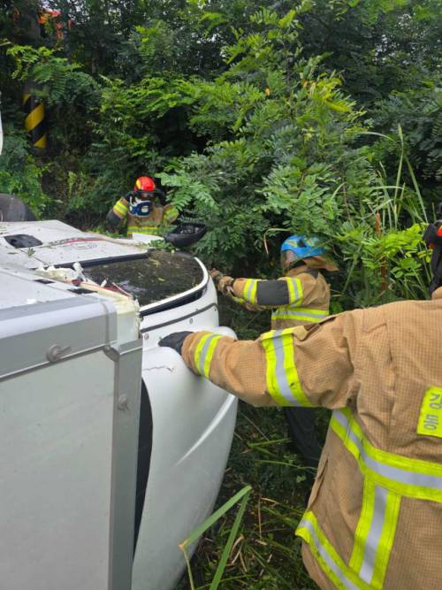 ◇11일 오전 10시46분께 고성군 토성면의 한 철물점 인근에서 A(64)씨가 몰던 1톤 트럭이 도로 옆 경사면 7m 아래로 추락했다. 사진=강원특별자치도소방본부 제공