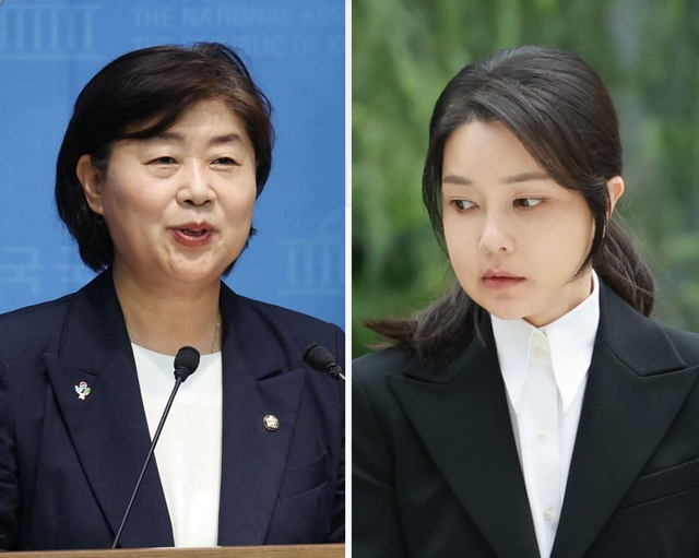 서영교(왼쪽) 더불어민주당 의원과 윤석열 전 대통령 부인인 김건희씨(오른쪽).<서영교 국회의원실 제공 사진·연합뉴스 사진 갈무리>