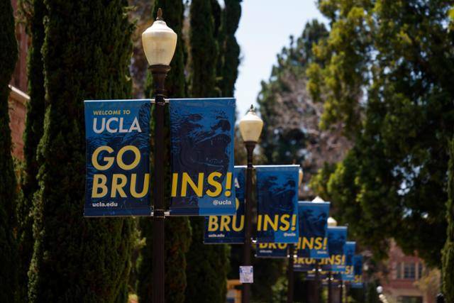 8일 미국 캘리포니아주(州) 로스앤젤레스(LA)에 있는 로스앤젤레스 캘리포니아대(UCLA) 캠퍼스 보도에 표지판이 늘어서 있다. 도널드 트럼프 미국 행정부는 반유대주의 혐의와 관련해 UCLA와 10억 달러 규모의 합의를 추진하고 있다. 이는 행정부가 6일 UCLA에 5억8,400만 달러 규모의 연방 보조금 지급을 중단한다고 발표한 데 따른 것이다. LA=EPA 연합뉴스