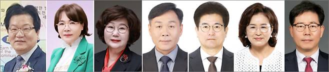 왼쪽부터 학생교육원장 김창근(고흥산업과학고 교장), 담양교육장 김진홍(수북초 교장), 곡성교육장 심치숙(본청 교육자치과장), 구례교육장 김유동(청계북초 교장), 보성교육장 김호범(본청 학생생활교육과장), 해남교육장 조연주(황산중 교장), 민주생활교육과장 김광식(본청 유초등교육과 장학관). /전남교육청