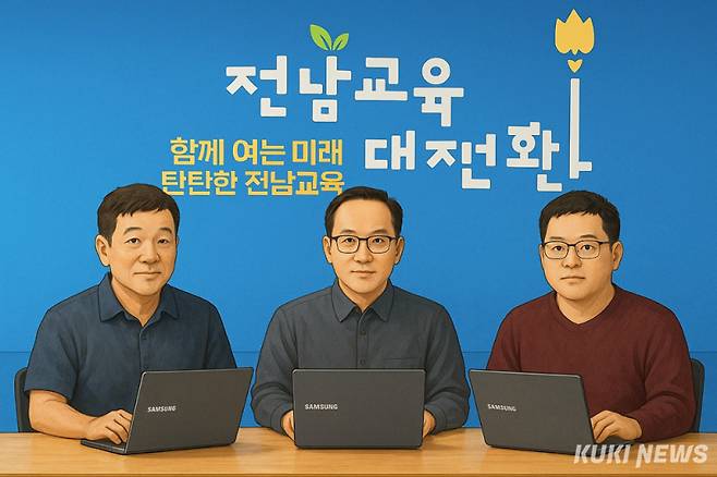 왼쪽부터 아시아뉴스통신 고정언 기자, 호남교육신문 김두헌 기자, 쿠키뉴스 신영삼 기자. 챗지피티에 의해 생성된 이미지여서 실제 인물과 많은 차이가 있습니다. 특히 남 출세하는 이야기를 열심히 취재해 뒷담화를 작성하는 신세지만 초보 기자 시절의 정신을 유지하기 위해 &nbsp;안간힘을 쓰고 있다는 사실만은 진실입니다. &nbsp;