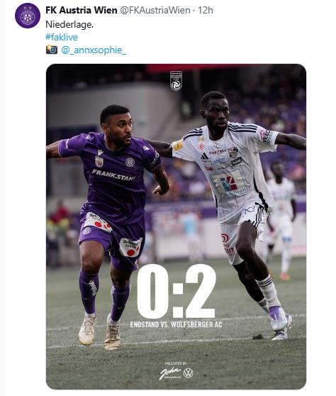 볼프스베르거에 0-2로 패한 소식을 전한 아우스트리아 빈. 사진[연합뉴스]