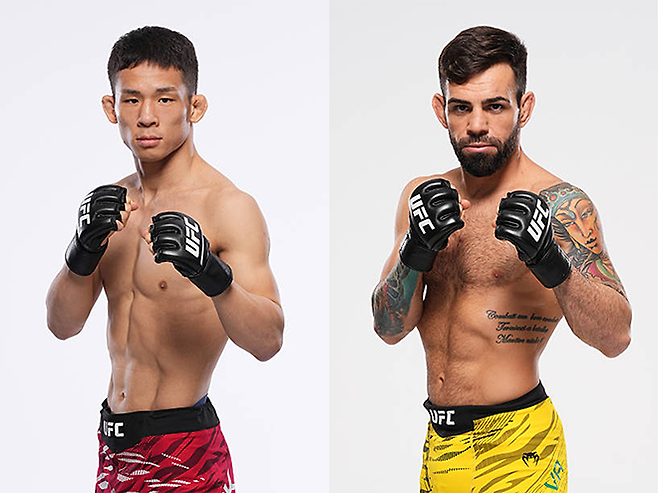 Road to UFC 시즌1 플라이급 토너먼트 우승 박현성(왼쪽), UFC 플라이급 14위 브루누 구스타부 아파레시두 다시우바. 사진=TKO