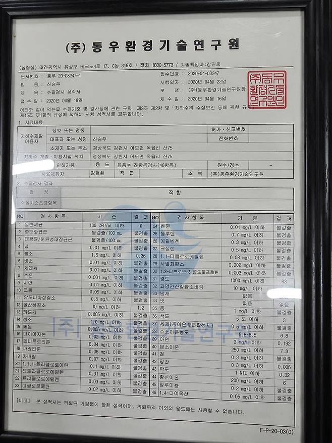 [김천=뉴시스] 박홍식 기자 = 금율약수 수질검사 성적서. 2025.08.11 phs6431@newsis.com *재판매 및 DB 금지