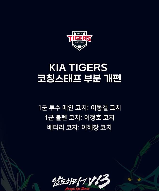 KIA는 11일 투수, 배터리 파트 코칭스태프를 변경했다. 사진제공｜KIA 타이거즈
