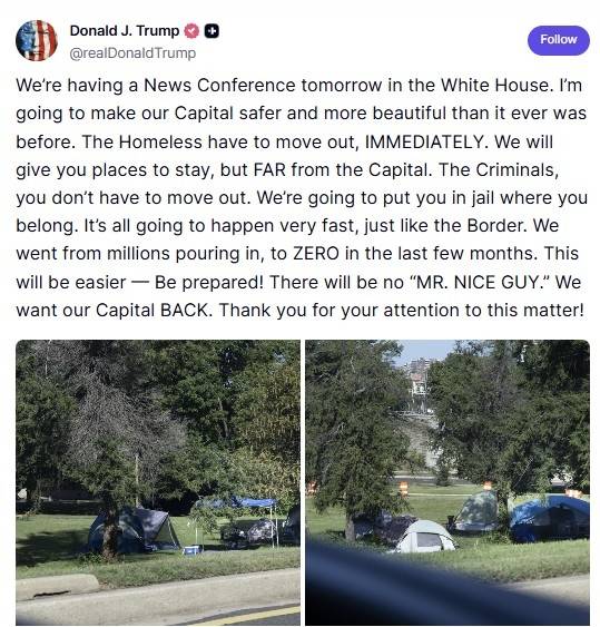 노숙자 퇴거를 예고한 트럼프 대통령의 트루스소셜 게시물  [트럼프 대통령 트루스소셜 캡처. 재판매 및 DB 금지]