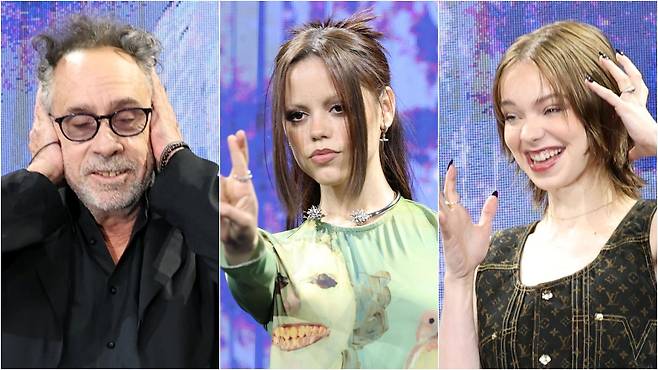 11일 내한 기자 간담회에 참석한 ‘웬즈데이’의 팀 버튼(왼쪽부터) 감독과 주연 배우 제나 오르테가, 에마 마이어스./뉴스1