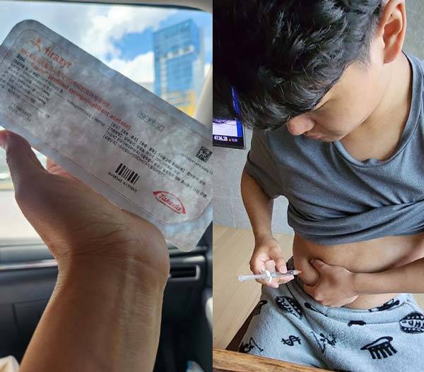 민수진 씨가 소지하고 있는 응급요법제 '피라지르'(왼쪽)와 이를 아들이 배에 주사하고 있는 모습(오른쪽). /사진=민수진 씨 제공