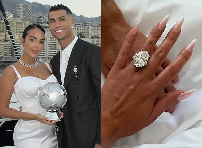 축구선수 크리스티아누 호날두(40·알 나스르)가 9년째 사실혼 관계를 이어온 조지나 로드리게스(31)에 청혼한 가운데, 어마어마한 크기의 다이아몬드가 장식된 약혼반지에 관심이 쏠린다. /사진=조지나 로드리게스 인스타그램