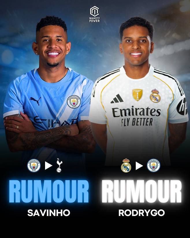 맨체스터 시티에서 토트넘 이적설이 돌고 있는 사비뉴(왼쪽)와 레알 마드리드에서 맨시티 이적설이 제기된 호드리구. /사진=맨시티 피버 SNS 캡처