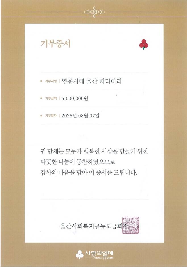 '임영웅 데뷔 9주년 기념' 영웅시대 With Hero 울산 따라따라, 사랑의열매 500만원 기부