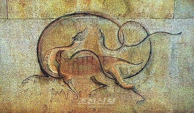 강서대묘 사신도 현무 (서울=연합뉴스) 재일본조선인총연합회 기관지 조선신보는 평안남도 강서에 있는 고구려 고분인 강서삼묘(江西三墓) 벽화가 국보유적으로 잘 보존 관리되고 있다고 보도했다. 사진은 강서대묘 사신도 가운데 현무도. 2025.8.12 [조선신보 캡처]