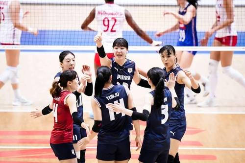 VNL에서 득점 후 기뻐하는 한국 여자배구 대표팀 [국제배구연맹 제공. 재판매 및 DB 금지]