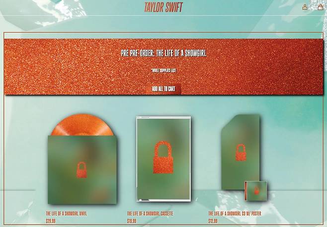 새 앨범 사전 선예약구매 시작된 스위프트 공식 홈페이지 홈페이지 캡처. 재판매 및 DB 금지