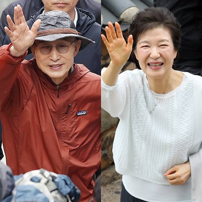 지난 6월 2일 청계천을 찾은 이명박 전 대통령과 부산 금정구 범어사를 방문한 박근혜 전 대통령(사진/뉴스1)