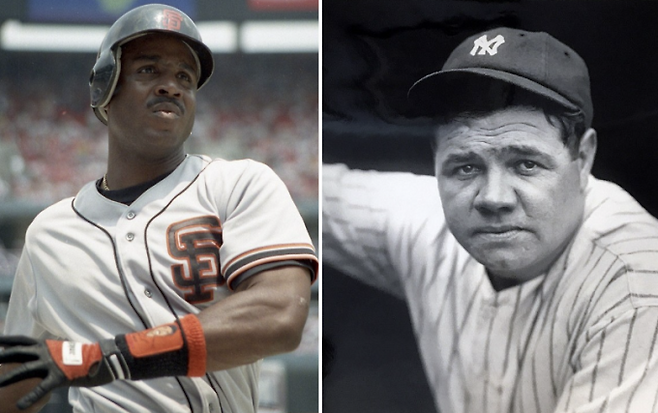 메이저리그&nbsp;선수인 배리 본즈(왼쪽)와 베이브 루스의 모습. 위키미디어 제공.