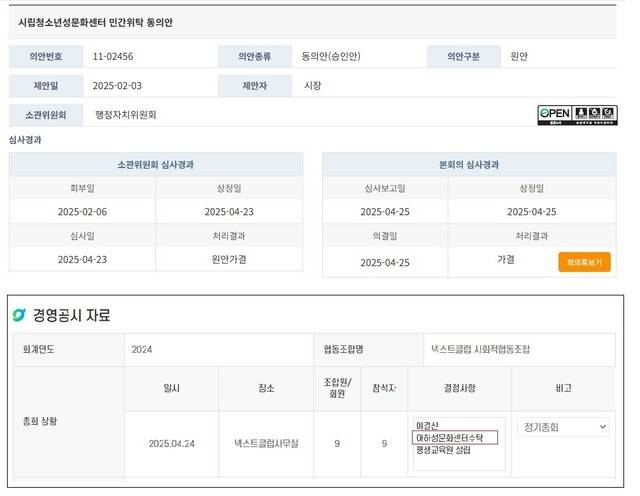 서울시의 시립청소년성문화센터 민간위탁 동의안이 시의회에서 통과되기도 전인 지난 4월24일 넥스트클럽은 총회에서 센터 수탁을 논의했다. 자료 화면 갈무리