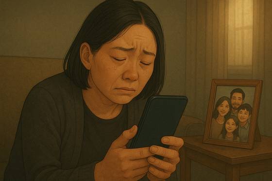 '세상을 떠난 가족의 스마트폰 잠금 화면을 보면서 슬퍼하는 유족'을 챗GPT에 입력한 이미지. 일러스트 챗GPT 이미지 생성