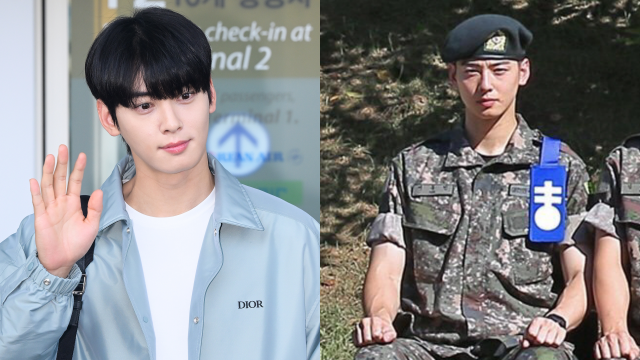 훈련소에서 복무 중인 차은우(오른쪽). 사진=육군훈련소 홈페이지, 서울경제DB