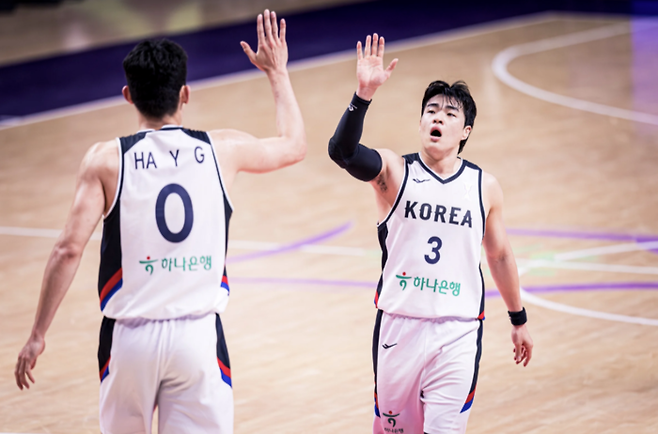 한국 농구대표팀 하윤기와 정성우가 12일 괌전에서 하이파이브를 나누고 있다. FIBA 홈페이지
