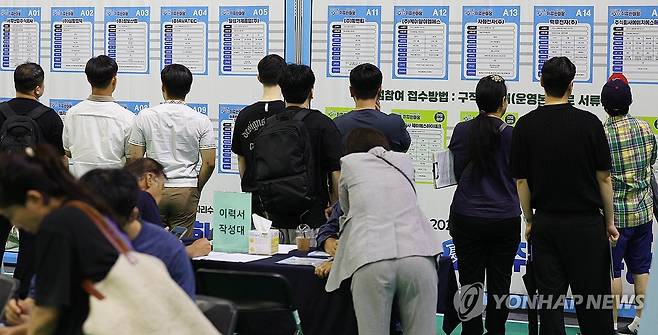 '내 일자리는 어디에' (구미=연합뉴스) 김현태 기자 = 16일 오후 경북 구미시 복합스포츠센터에서 열린 '춘하추동 취업 한마당'에서 구직자들이 회사별 채용정보를 살펴보고 있다. 이번 행사는 고용노동부 구미지청, 경상북도, 구미시가 주최했다. 20개 기업이 참여해 200여명의 인재를 채용할 계획이다. 2025.7.16 mtkht@yna.co.kr