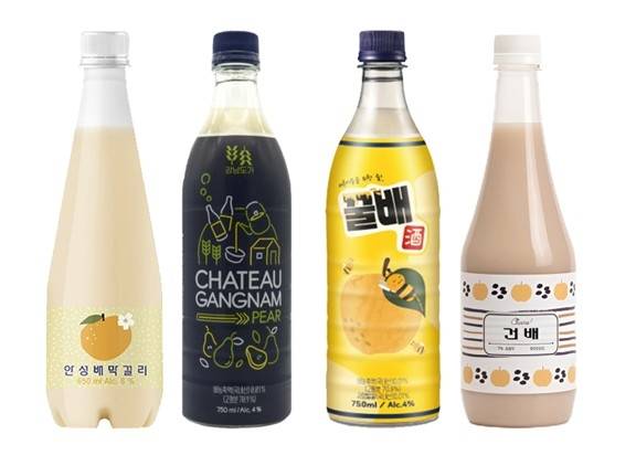 (왼쪽부터) 안성배막걸리, 강남도가 배, 강남도가 꿀배, 건배 [제조사 홈페이지 캡처]