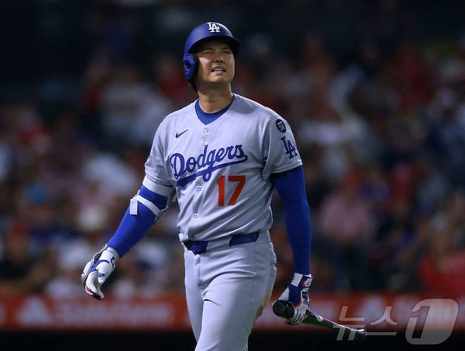 LA 다저스 오타니 쇼헤이는 14일(한국시간) 열린 2025 메이저리그 LA 에인절스전에서 지명타자로 4타수 1안타 1볼넷 1득점 3삼진을 기록했다. ⓒ AFP=뉴스1
