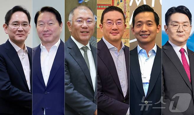 사진 왼쪽부터 이재용 삼성그룹 회장, 최태원 SK그룹 회장, 정의선 현대차그룹 회장, 구광모 LG그룹 회장, 김동관 한화그룹 부회장, 조원태 한진그룹 회장.(뉴스1 자료사진)