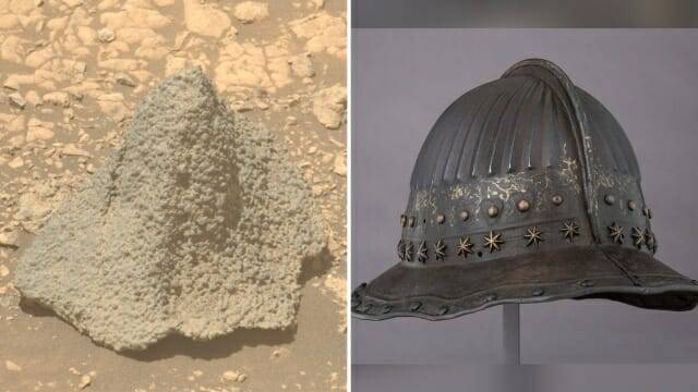 화성 바위는 17세기 네덜란드의 '도자기' 헬멧처럼 생겼다. (사진=왼쪽은 NASA/JPL-Caltech/ASU,오른쪽은 Rogers Fund, 1904)