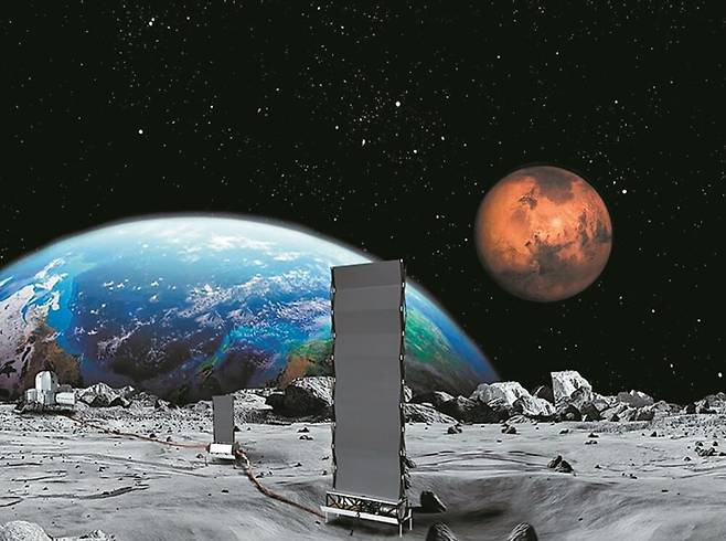 미국이 달에 구축할 원자력 발전 시스템을 묘사한 가상 사진. 원자로에서 발생한 열을 우주 공간으로 방출하는 커다란 방열판이 세워져 있다. /NASA(미 항공우주국)